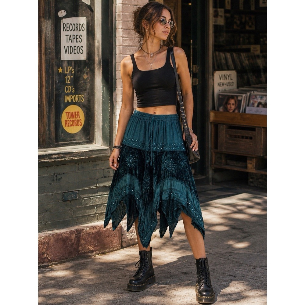 Shoreline M Medium Skirt Whimsigoth Fairy Grunge Asymmetrical Velvet Women Beads